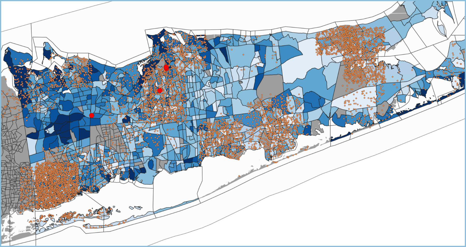 A map of Long Island with orange dots representing mock patient data, red dots representing Stony Brook Medicine facilities, and areas of different shades of blue representing the per capita income of different census blocks.